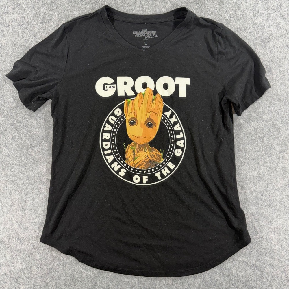 Marvel Guardians of the Galaxy Vol 2 Groot Black V-Neck Graphic Tee Womens L‎